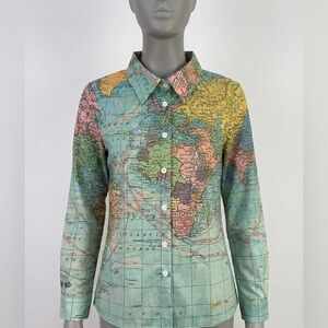 Misslook World Map Linen Button Down Blouse Long Sleeve Geography Atlas Womens S